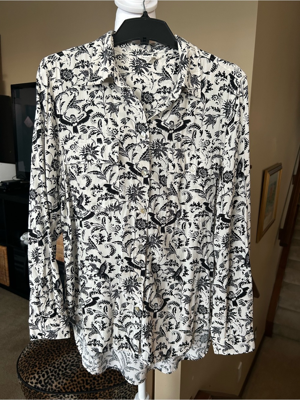 Classic Black & White Botanical Bird Button-Up Long Sleeve Blouse